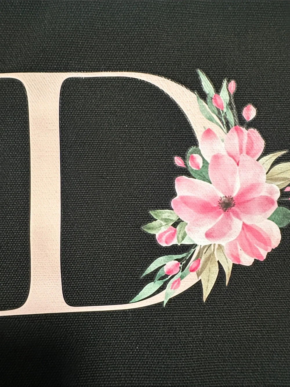 Black Cosmetic Pouch with Pink Floral Initial D - Unbranded